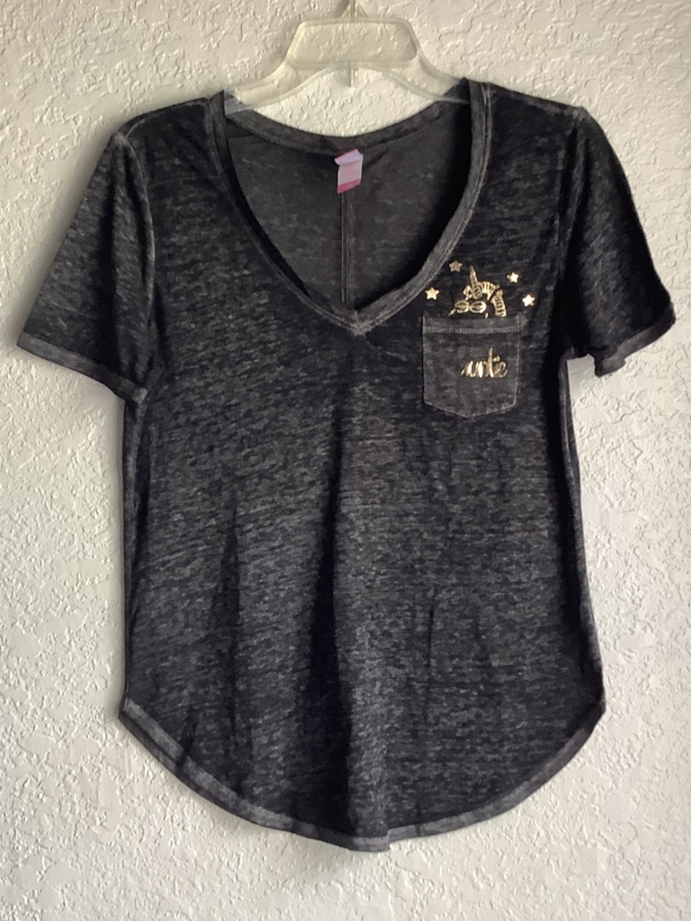 No Boundaries Black V-Neck Short Sleeve Tee with Gold Pocket Accent